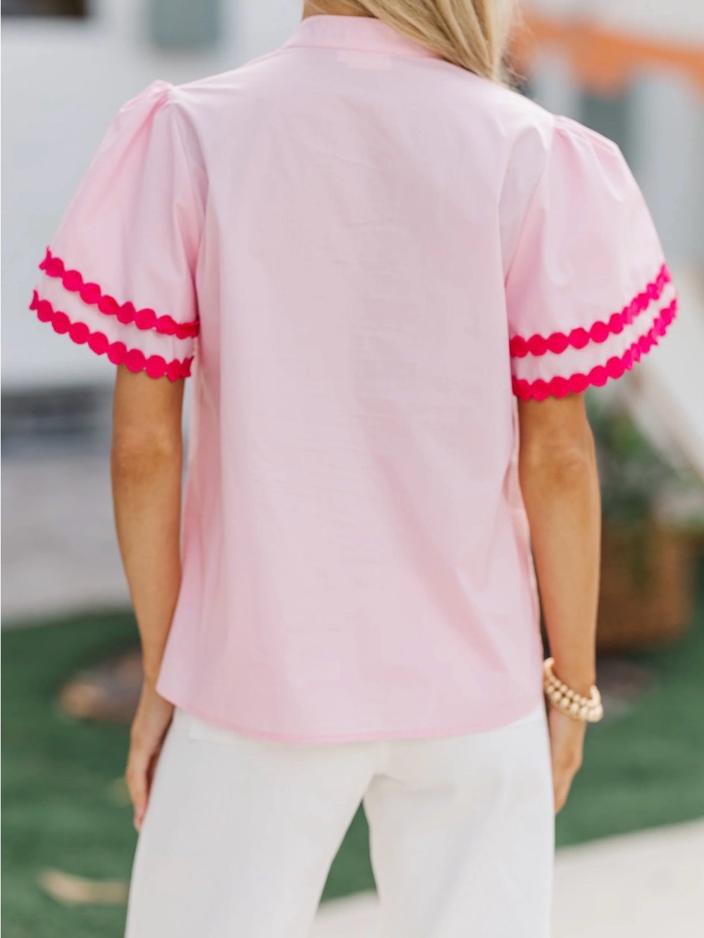 Women’s Pink Short Sleeve Blouse with Hot Pink Trim - Picture 3 of 3